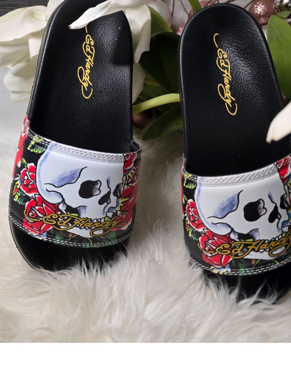 Ed Hardy Black Slide Sandals with Skull & Red Rose Artwork NWOT